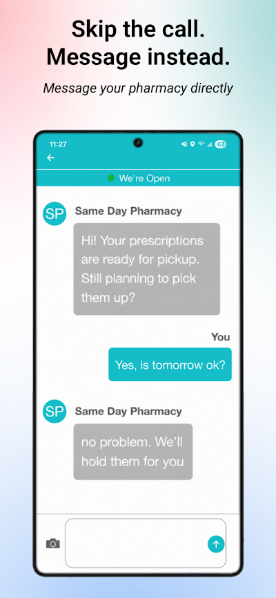 RxLocal app screenshot: message your pharmacy directly